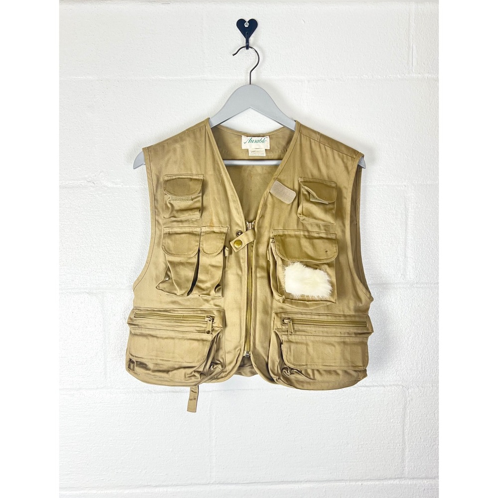 Ausable Vintage Fishing Vest Mens Medium Tan Khaki Cotton Multi Pocket Utility
